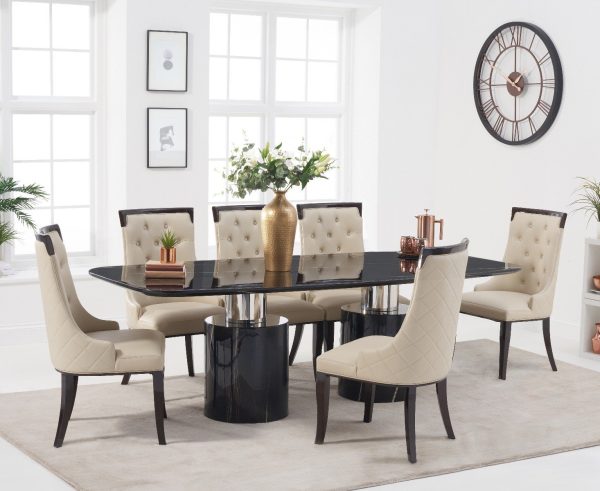 Antonio 220cm Black Marble Dining Table with 6 Grey Francesca Chairs | Bed Sava