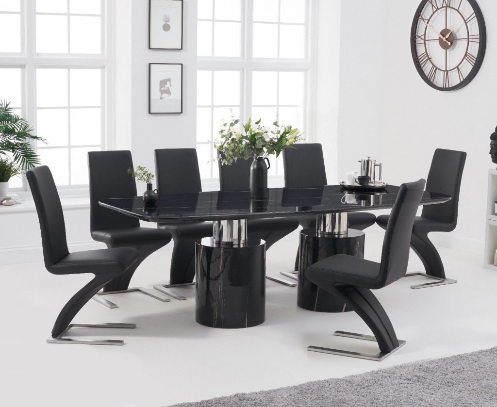 Antonio 220cm Black Marble Dining Table with 10 Black Aldo Chairs