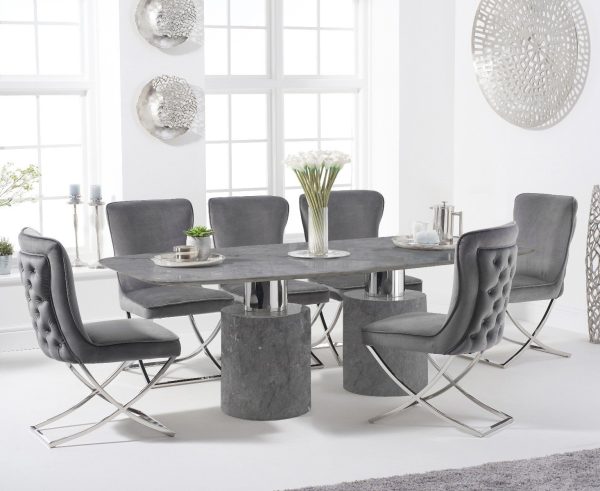 Antonio 220cm Grey Marble Dining Table with 10 Grey Lorenzo Chairs | Bed Sava