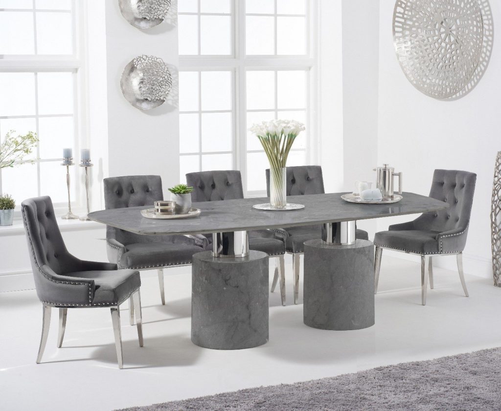 Antonio 220cm Grey Marble Dining Table with 10 Grey Sienna Chairs