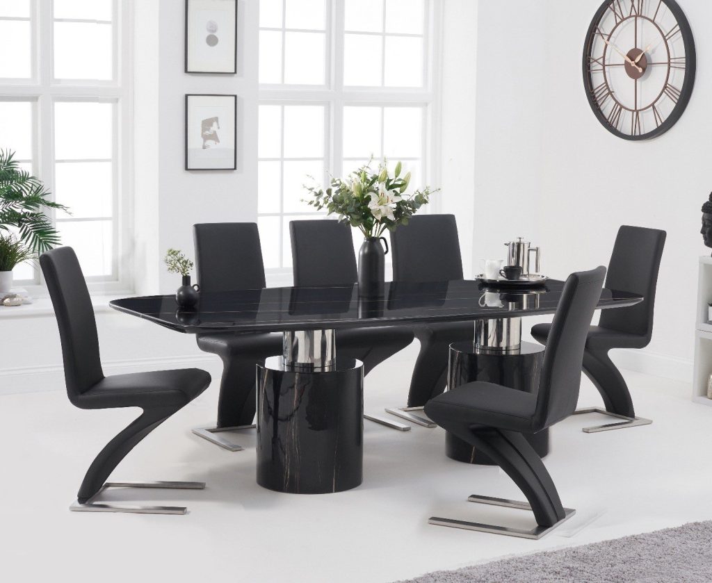 Antonio 180cm Black Marble Dining Table with 8 Black Aldo Chairs