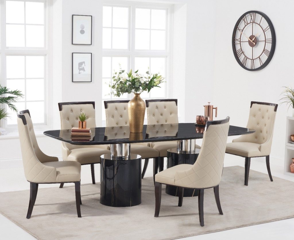 Antonio 180cm Black Marble Dining Table with 8 Grey Francesca Chairs