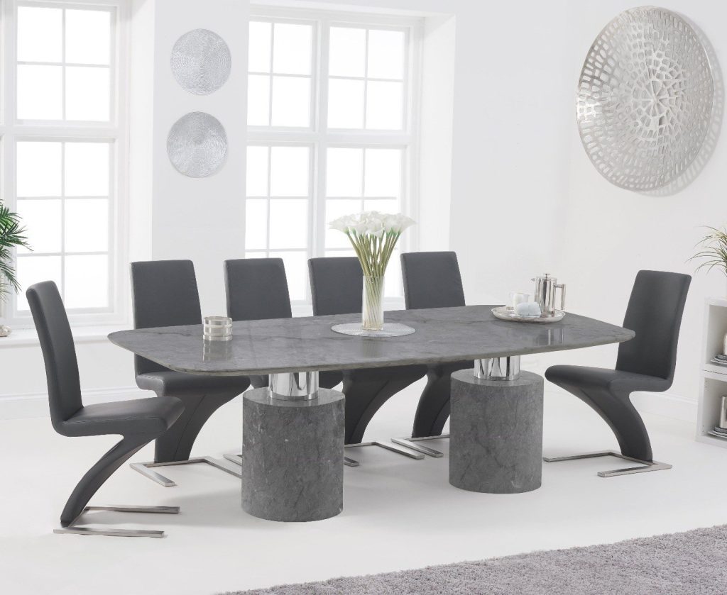 Antonio 220cm Grey Marble Dining Table with 10 Black Aldo Chairs