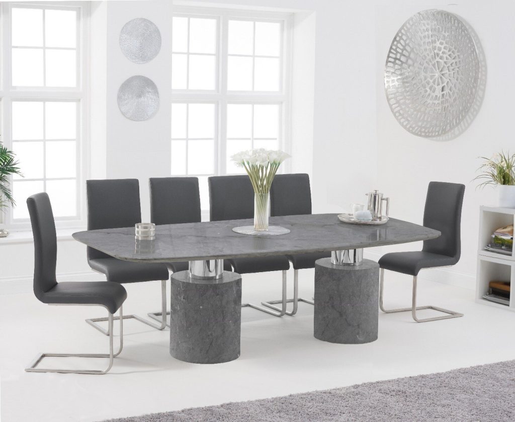 Antonio 220cm Grey Marble Dining Table with 8 White Austin Chairs