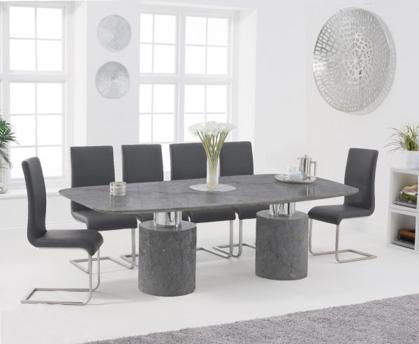 Antonio 220cm Grey Marble Dining Table with 8 Black Austin Chairs | Bed Sava