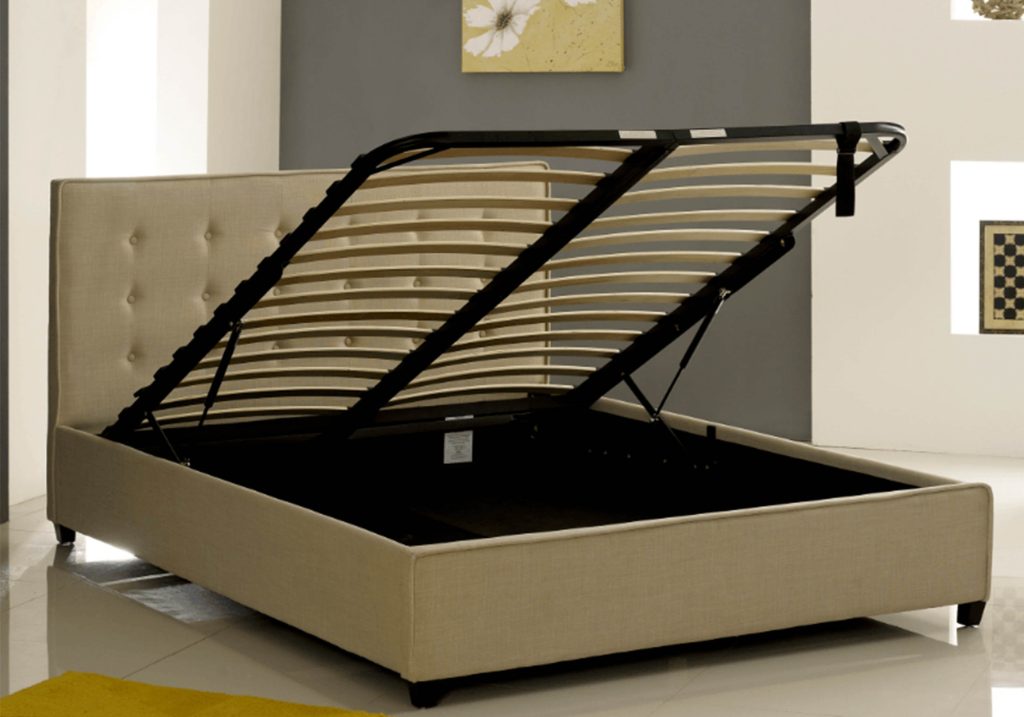 Artisan Fabric Button Ottoman Bed Frame -Stone-Double