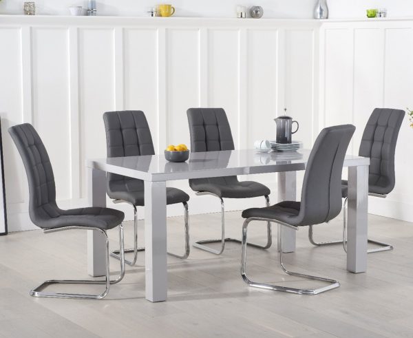Seattle 160cm Light Grey High Gloss Dining Table with 6 White Vigo Chairs | Bed Sava