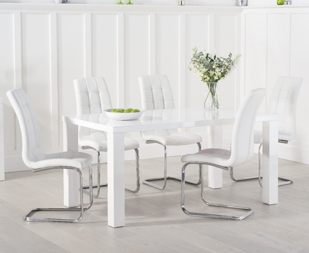Seattle 160cm White High Gloss Dining Table with 4 White Vigo Chairs