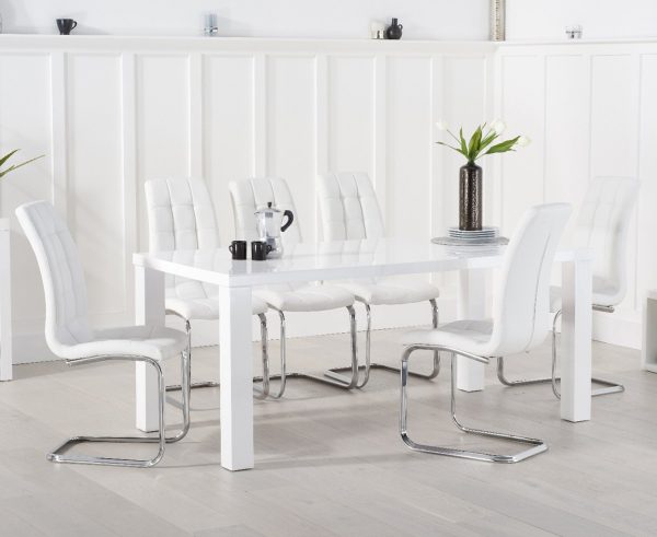 Seattle 200cm White High Gloss Dining Table with 10 White Vigo Chairs | Bed Sava