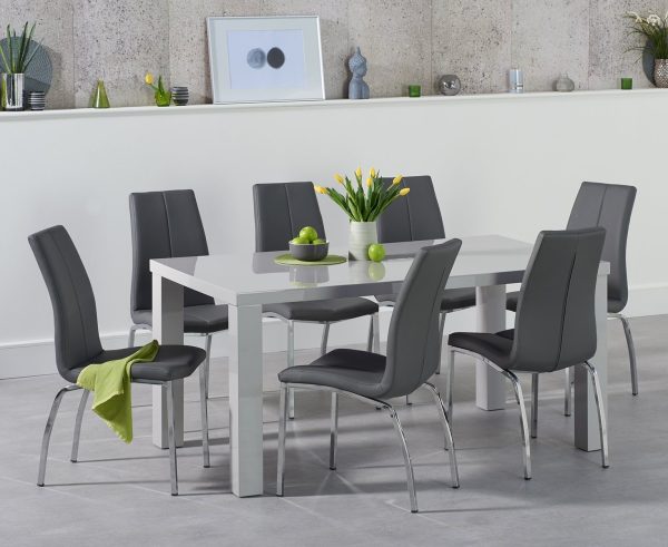 Seattle 160cm Light Grey High Gloss Dining Table with 8 Black Marco Chairs | Bed Sava