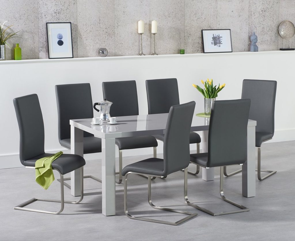 Seattle 160cm Light Grey High Gloss Dining Table with 6 White Austin Chairs