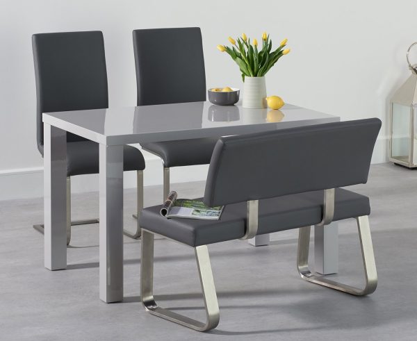 Seattle 120cm Light Grey High Gloss Dining Table with 2 Grey Austin Chairs with 1 Grey Bench | Bed Sava