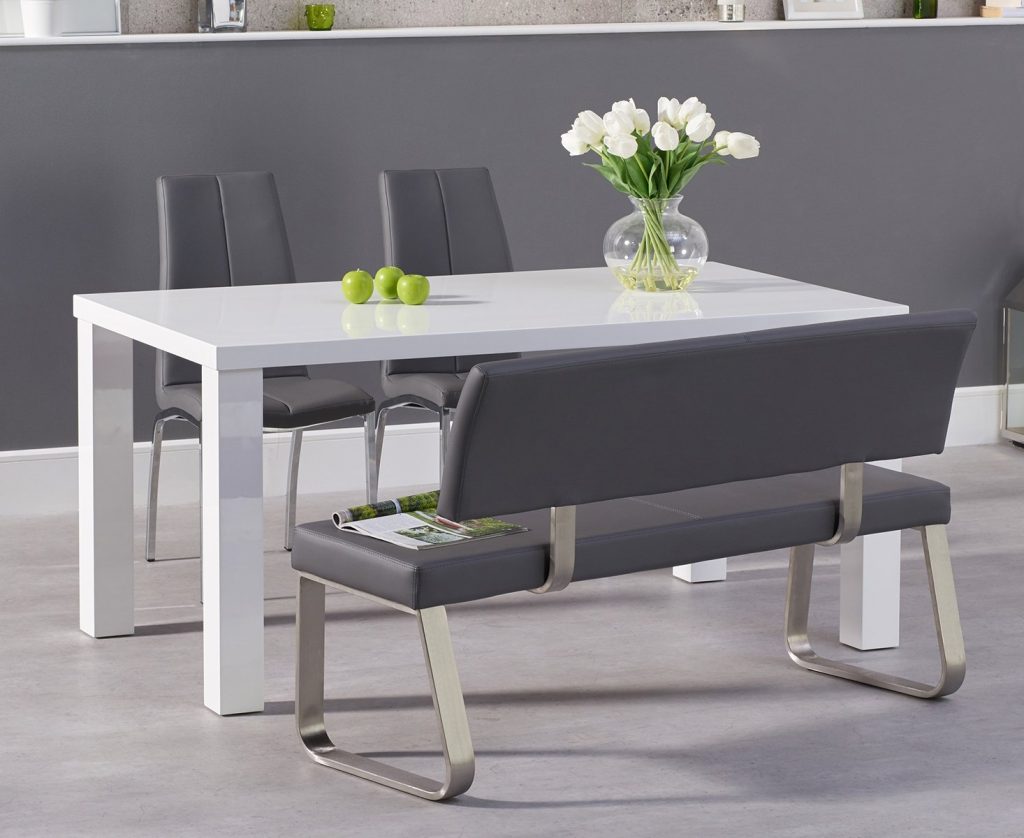 Seattle 160cm White High Gloss Dining Table with 2 Grey Marco Chairs with 2 Grey Benches