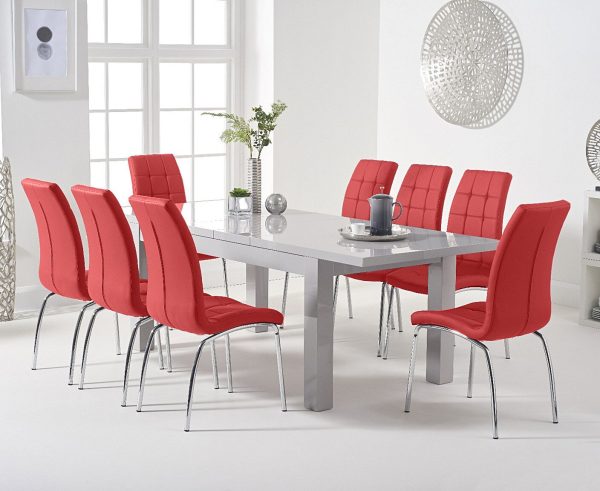 Extending Seattle 160cm Light Grey High Gloss Dining Table with 6 Red Enzo Chairs | Bed Sava