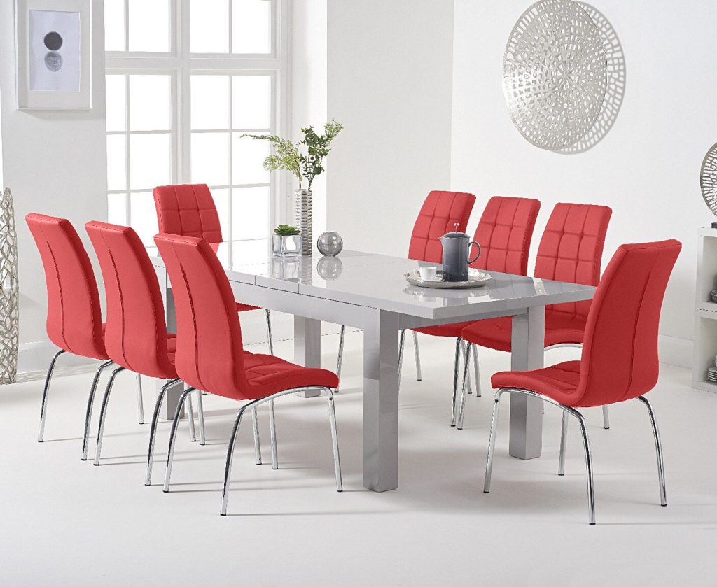 Extending Seattle 160cm Light Grey High Gloss Dining Table with 8 Grey Enzo Chairs
