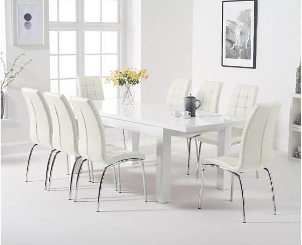 Extending Seattle 160cm White High Gloss Dining Table with 4 White Enzo Chairs | Bed Sava