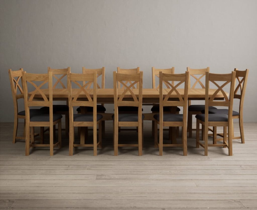 Extending Olympia 180cm Solid Oak Dining Table with 8 Brown Natural Solid Oak Chairs