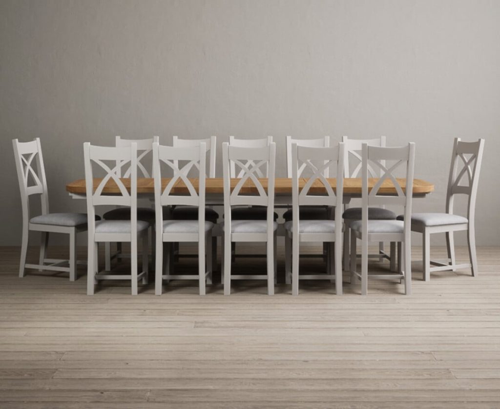 Extending Olympia 180cm Oak and Soft White Painted Dining Table with 10 Oak Painted Chairs