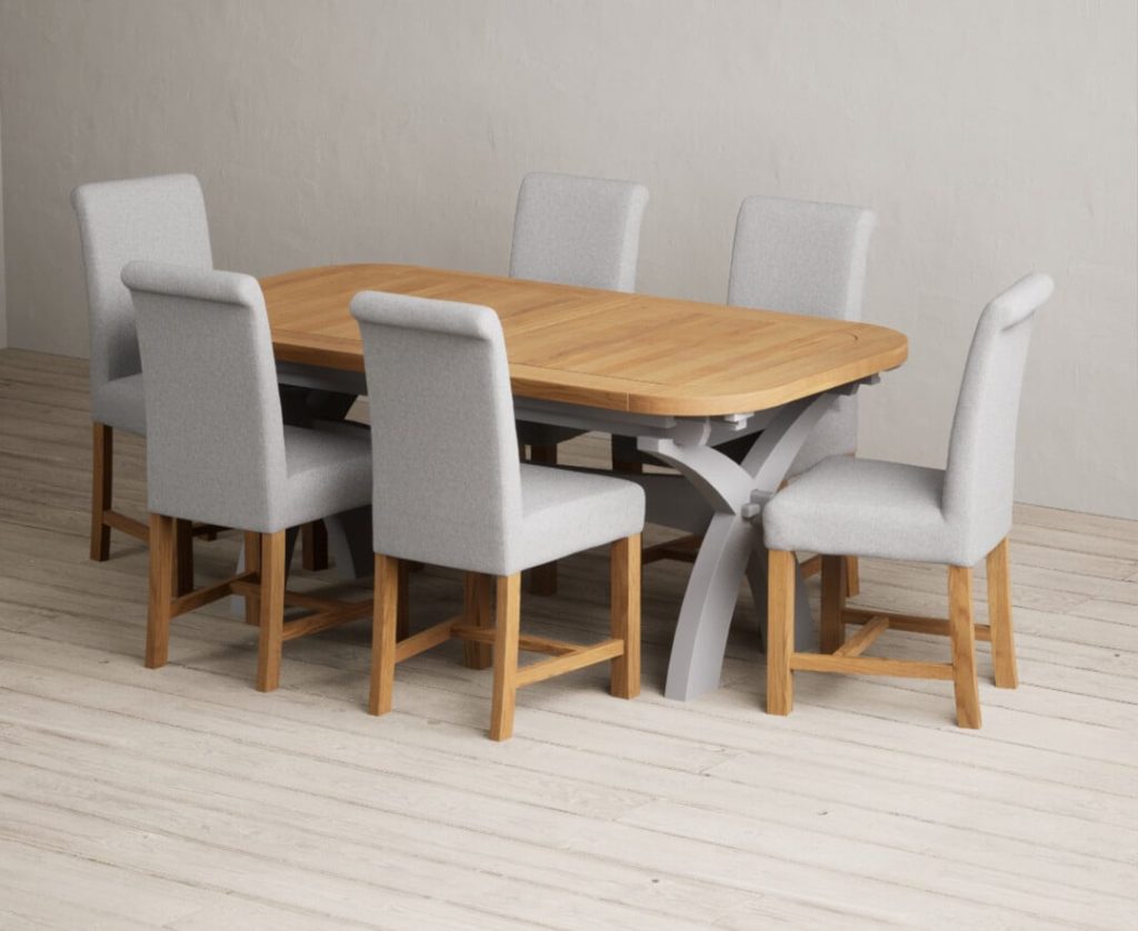 Extending Olympia 180cm Oak and Light Grey Painted Dining Table with 8 Charcoal Grey Scroll Back Chairs