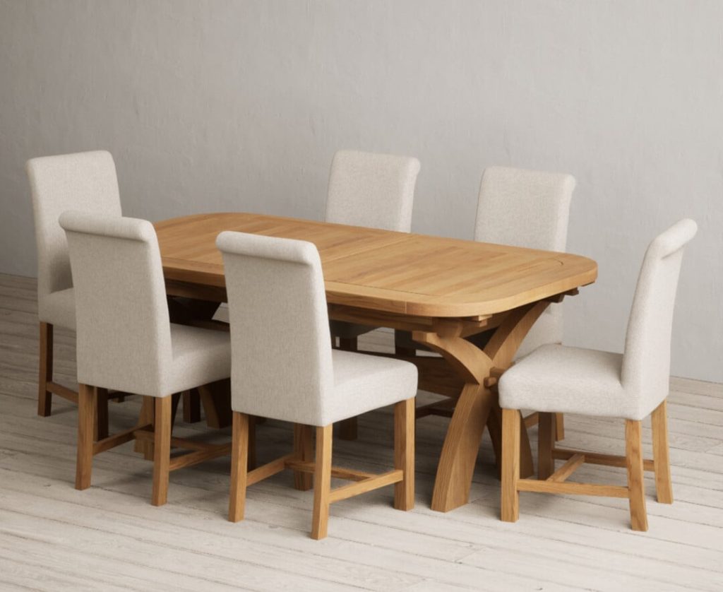 Extending Olympia 180cm Solid Oak Dining Table with 8 Brown Scroll Back Chairs