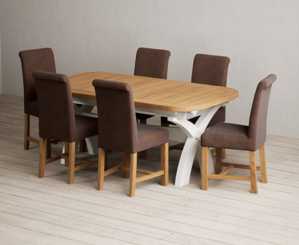 Extending Olympia 180cm Oak and Signal White Painted Dining Table with 12 Natural Scroll Back Chairs