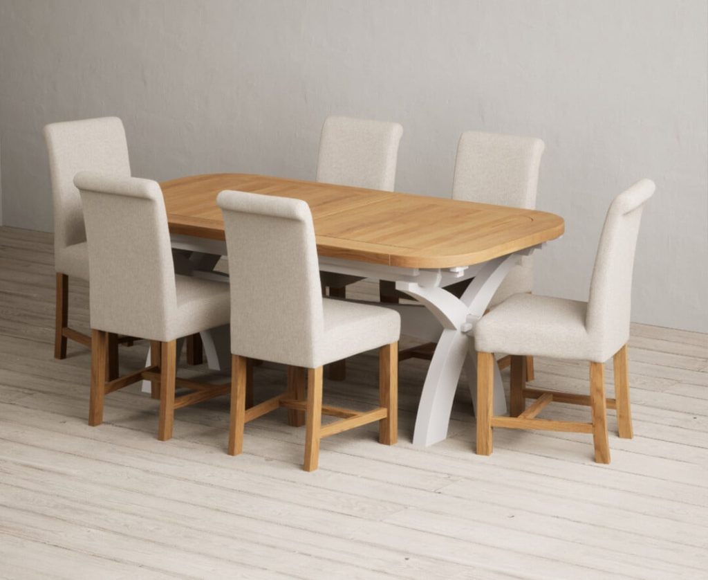 Extending Olympia 180cm Oak and Soft White Painted Dining Table with 8 Grey Scroll Back Chairs
