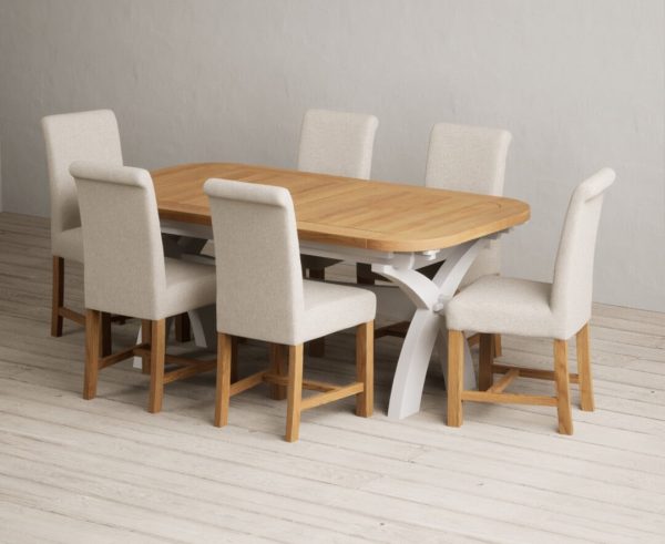 Extending Olympia 180cm Oak and Soft White Painted Dining Table with 8 Grey Scroll Back Chairs | Bed Sava