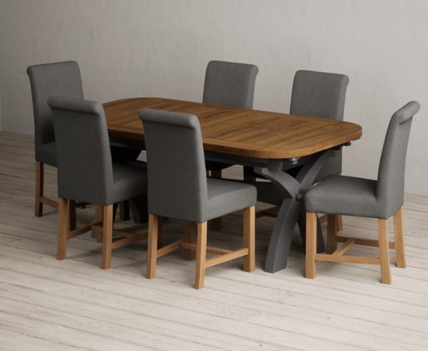 Extending Olympia 180cm Oak and Charcoal Grey Painted Dining Table with 6 Brown Scroll Back Chairs | Bed Sava