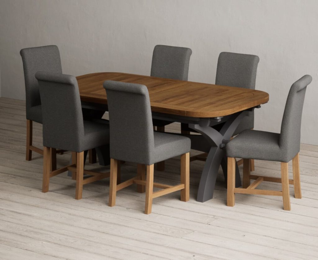 Extending Olympia 180cm Oak and Charcoal Grey Painted Dining Table with 12 Natural Scroll Back Chairs