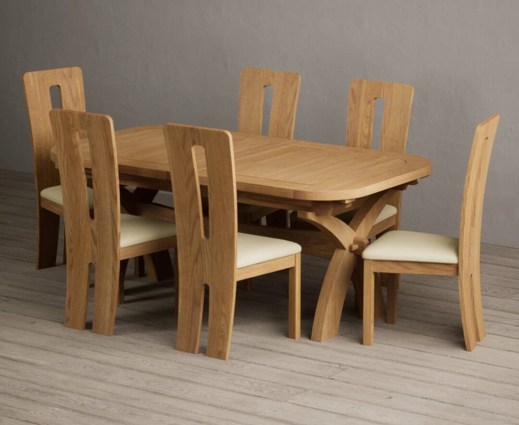 Extending Olympia 180cm Solid Oak Dining Table with 8 Cream Lucca Chairs