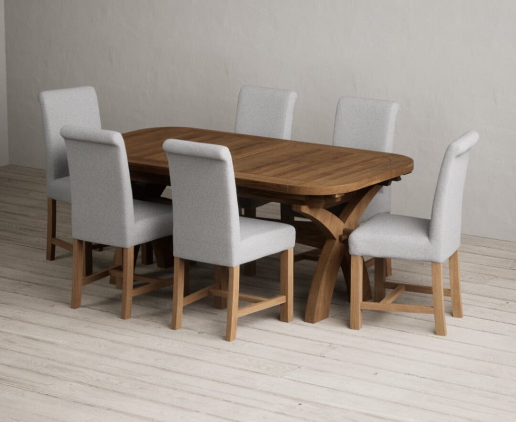 Extending Olympia 180cm Rustic Solid Oak Dining Table with 8 Brown Scroll Back Chairs