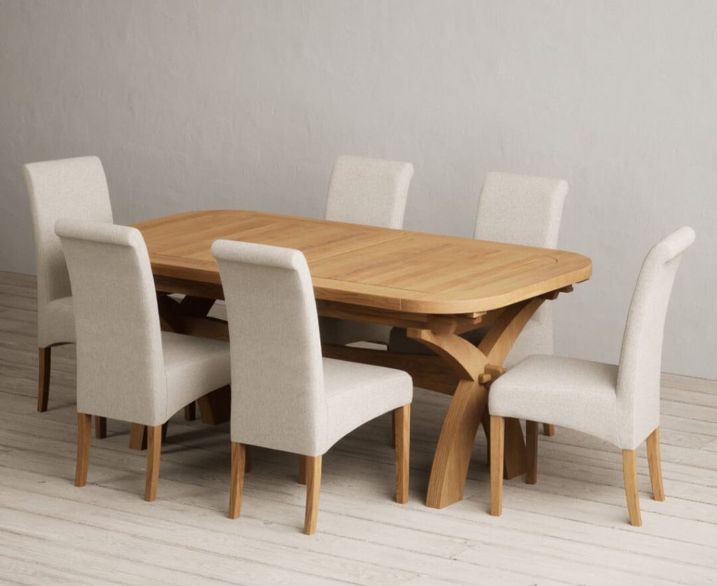 Extending Olympia 180cm Solid Oak Dining Table with 8 Charcoal Grey Scroll Back Chairs