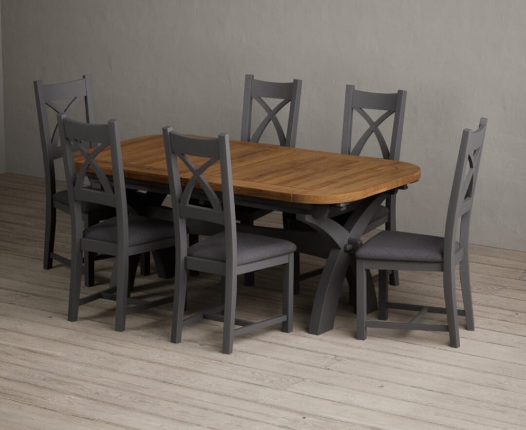 Extending Olympia 180cm Oak and Charcoal Grey Painted Dining Table with 12 Charcoal Grey Painted Chairs