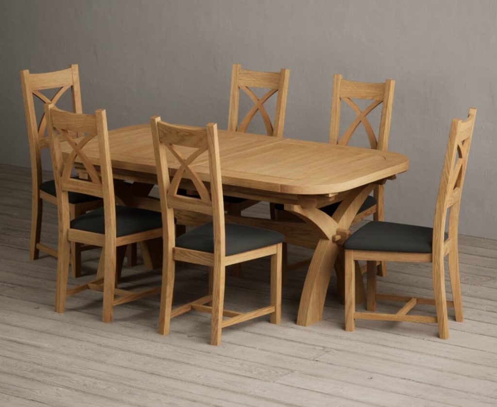 Extending Olympia 180cm Solid Oak Dining Table with 8 Grey Natural Solid Oak Chairs