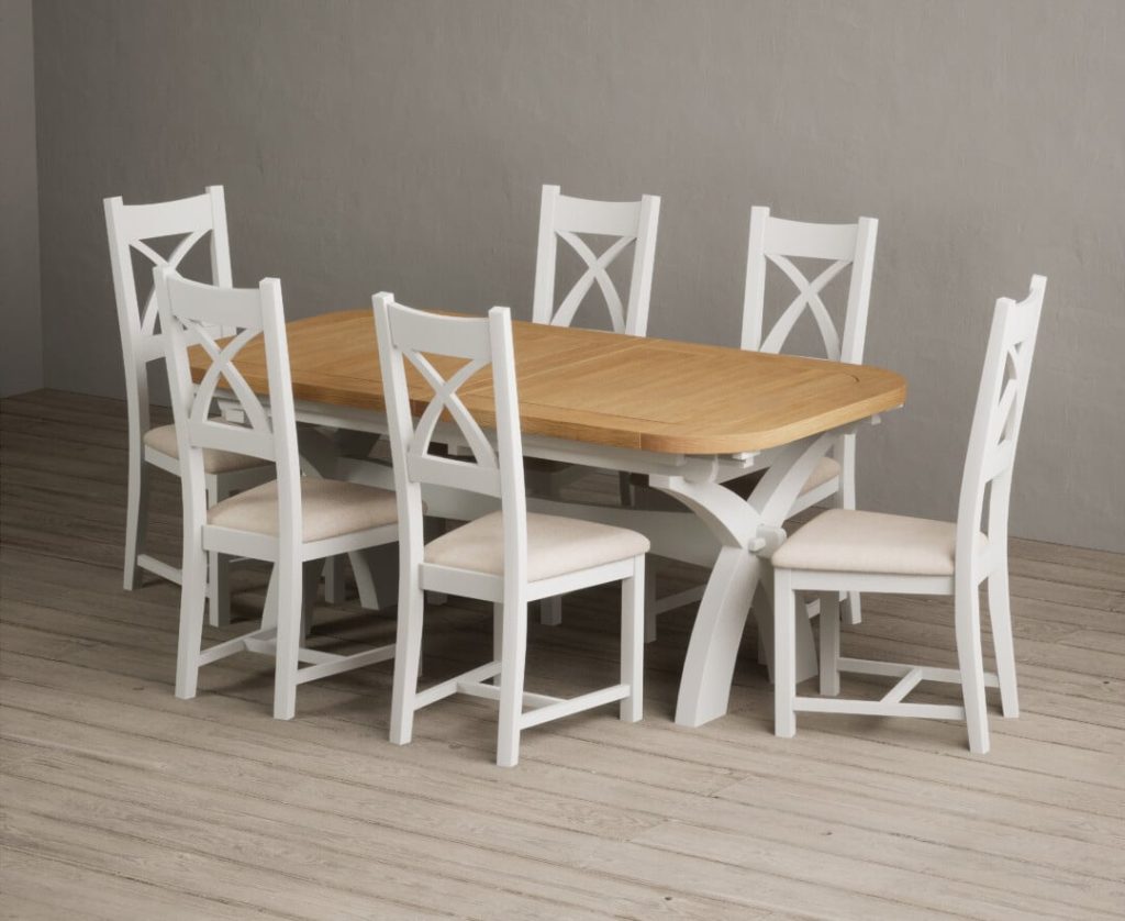 Extending Olympia 180cm Oak and Signal White Painted Dining Table with 6 Linen Painted Chairs