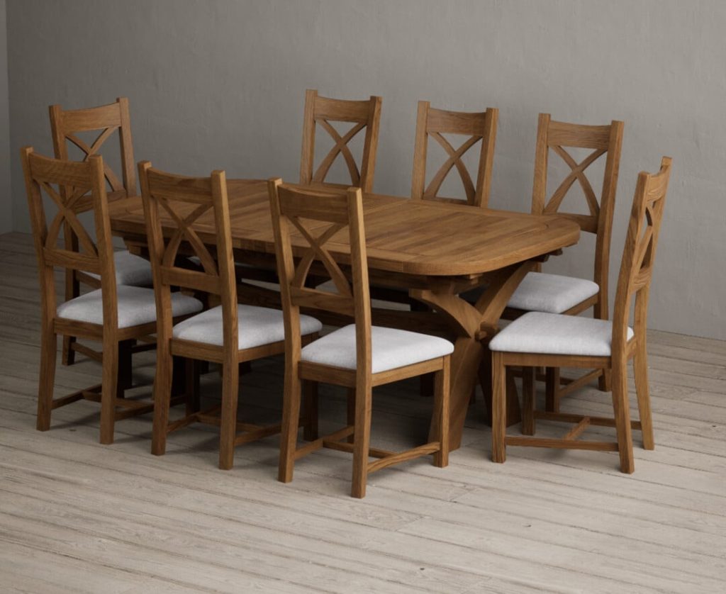Extending Olympia 180cm Rustic Solid Oak Dining Table with 10 Blue Rustic Solid Oak Chairs