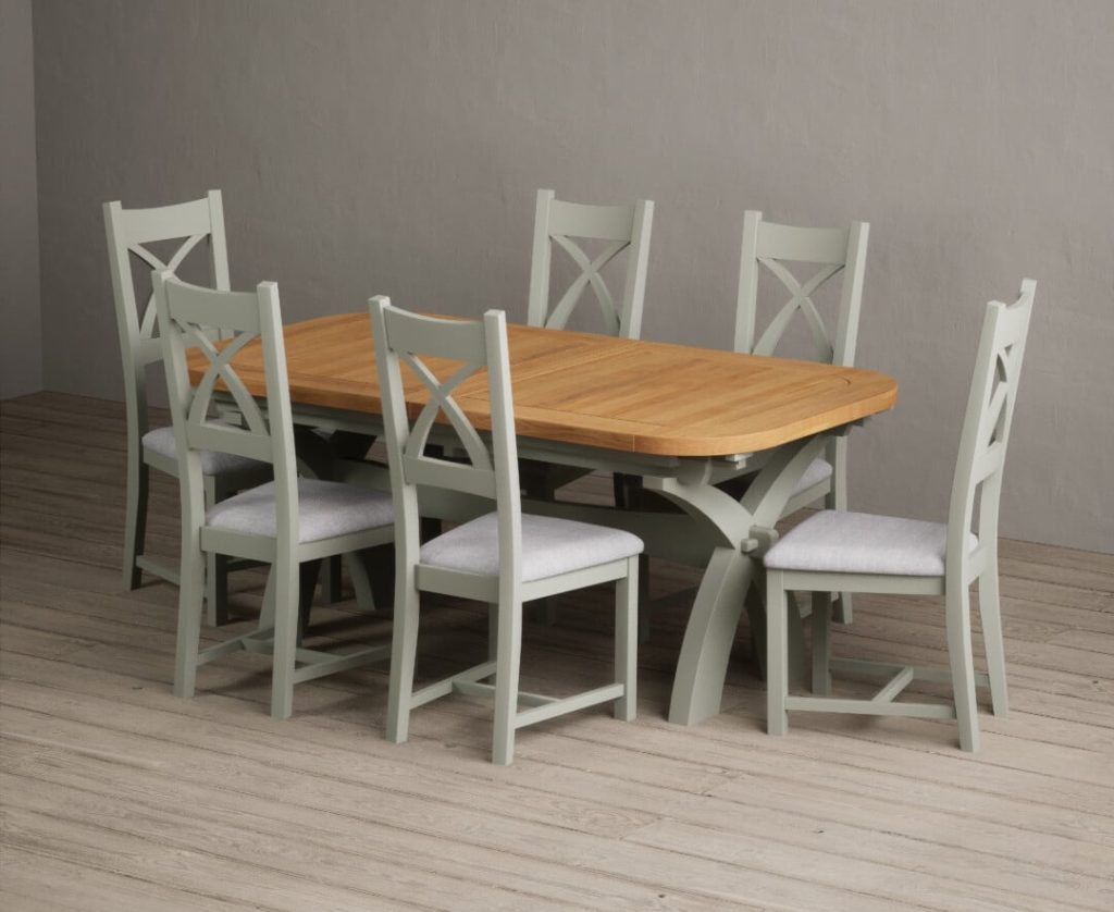 Extending Olympia 180cm Oak and Soft Green Painted Dining Table with 12 Light Grey Painted Chairs