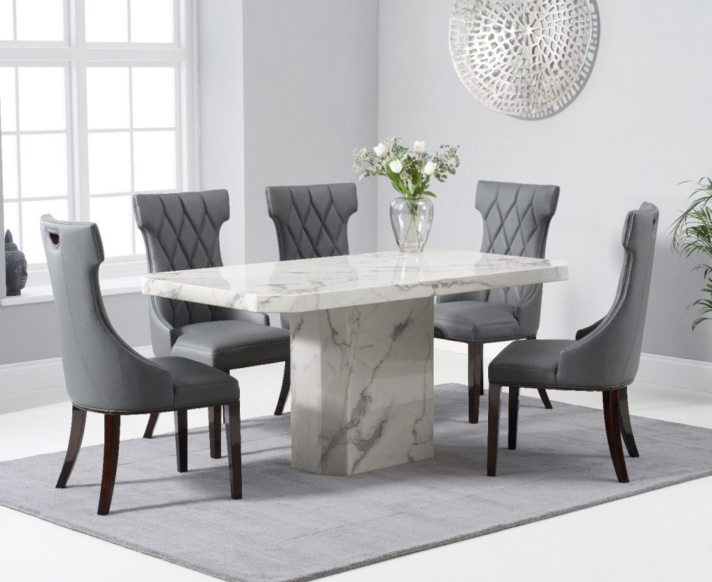 Belle 160cm Marble White Dining Table with 4 Cream Sophia Chairs