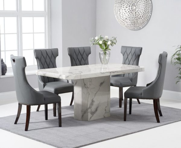 Belle 160cm Marble White Dining Table with 6 Cream Sophia Chairs | Bed Sava