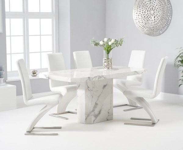 Belle 160cm Marble White Dining Table with 4 Black Aldo Chairs | Bed Sava