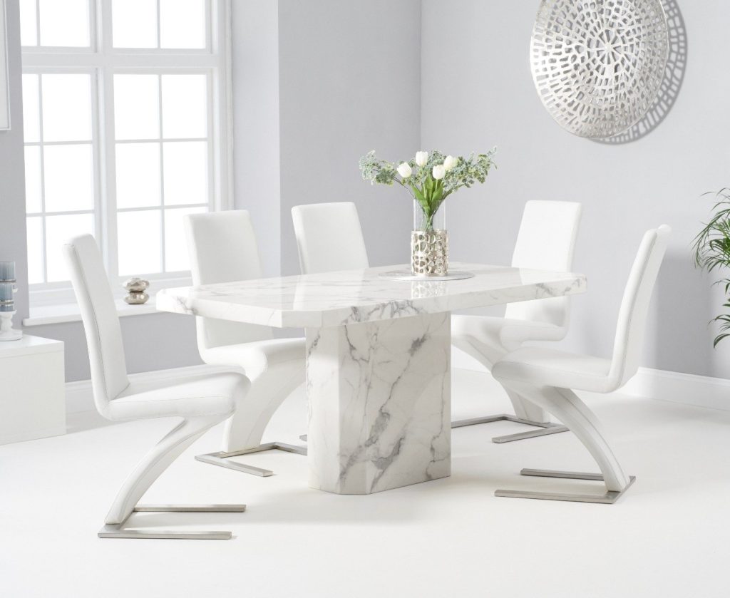 Belle 160cm Marble White Dining Table with 4 White Aldo Chairs