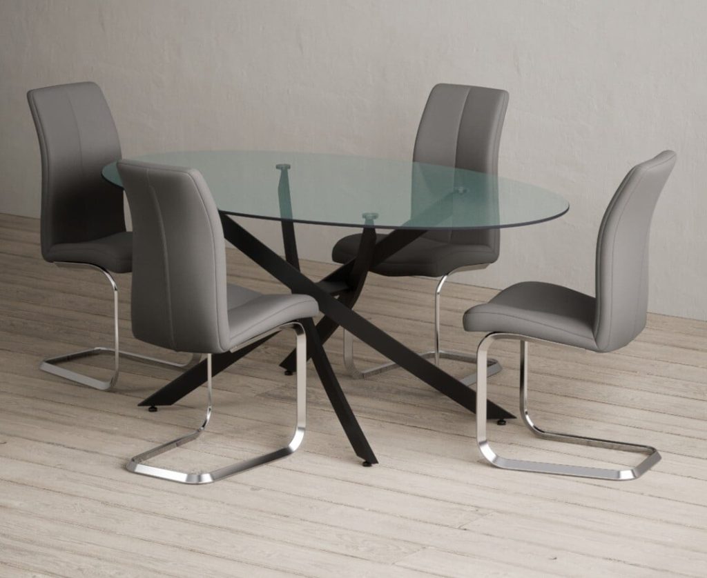 Bernini 165cm Black Leg Oval Glass Dining Table with 4 Grey Gianni Chairs