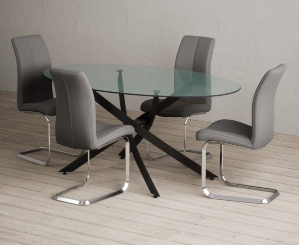 Bernini 165cm Black Leg Oval Glass Dining Table with 8 Grey Gianni Chairs | Bed Sava