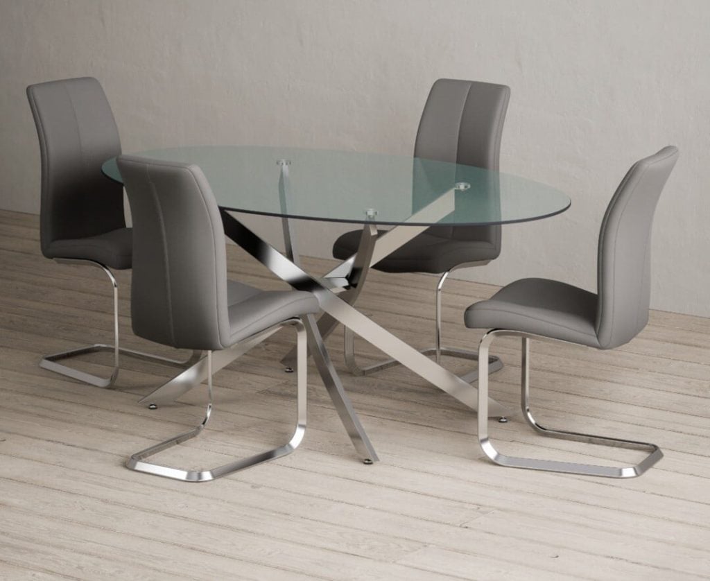 Bernini 165cm Oval Glass Dining Table with 6 Grey Gianni Chairs