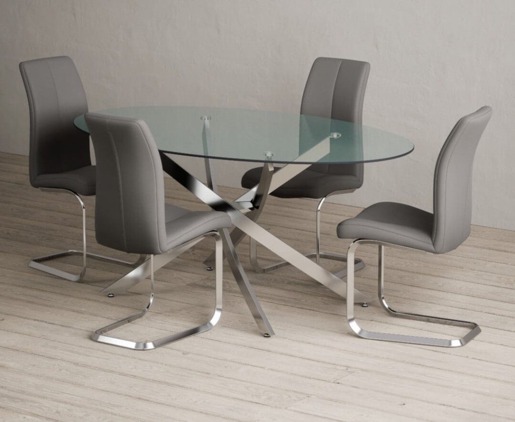 Bernini 165cm Oval Glass Dining Table with 4 Grey Gianni Chairs