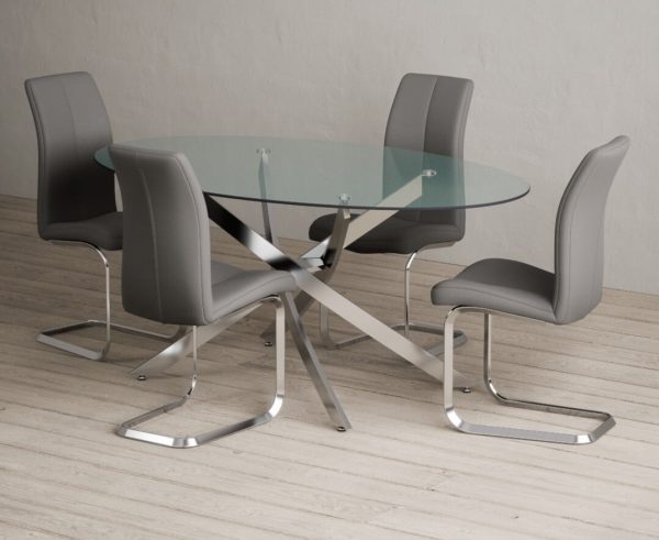 Bernini 165cm Oval Glass Dining Table with 4 Grey Gianni Chairs | Bed Sava
