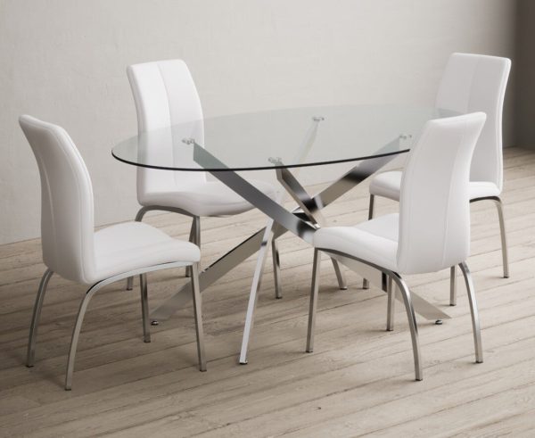 Bernini 165cm Oval Glass Dining Table with 4 White Marco Chairs | Bed Sava
