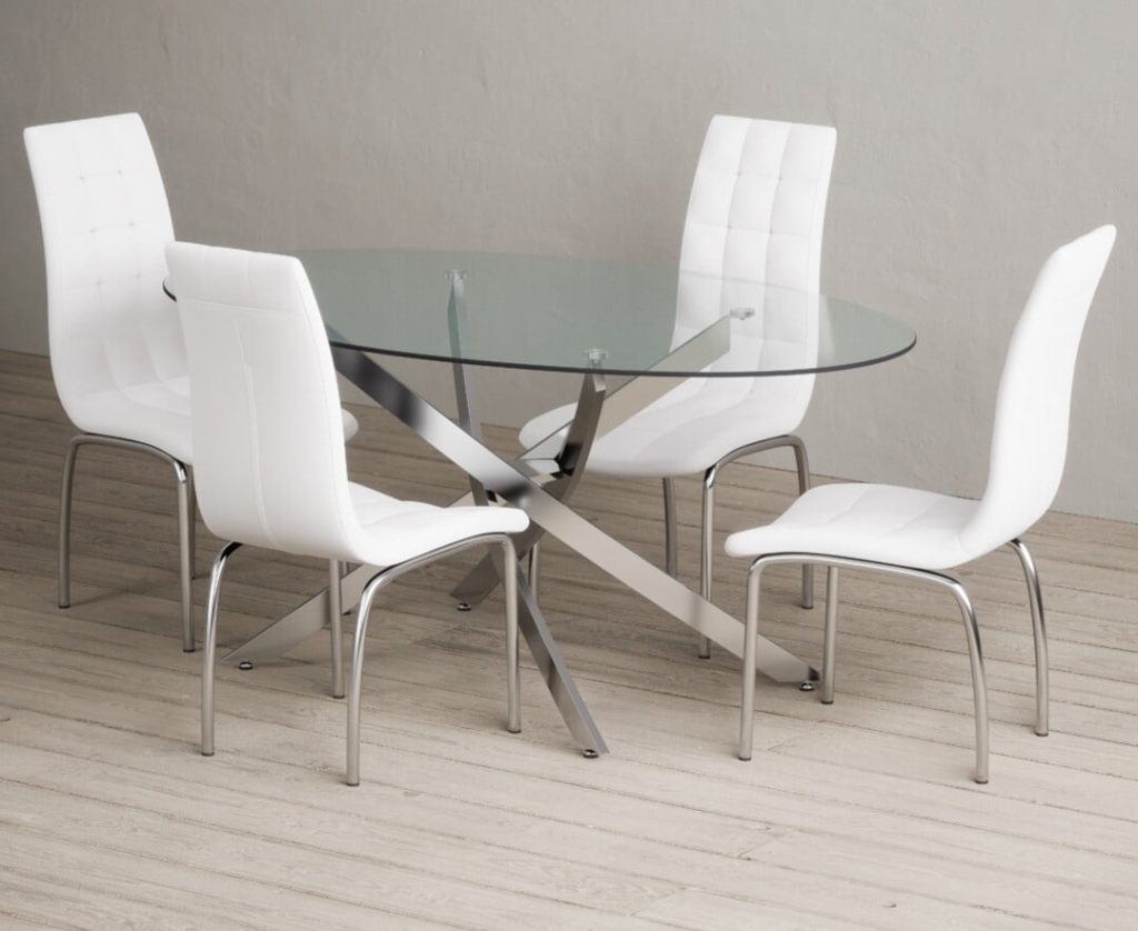 Bernini 165cm Oval Glass Dining Table with 4 White Enzo Chairs