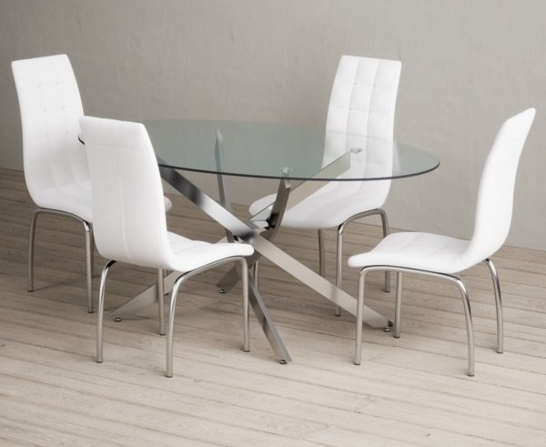 Bernini 165cm Oval Glass Dining Table with 4 Grey Enzo Chairs | Bed Sava
