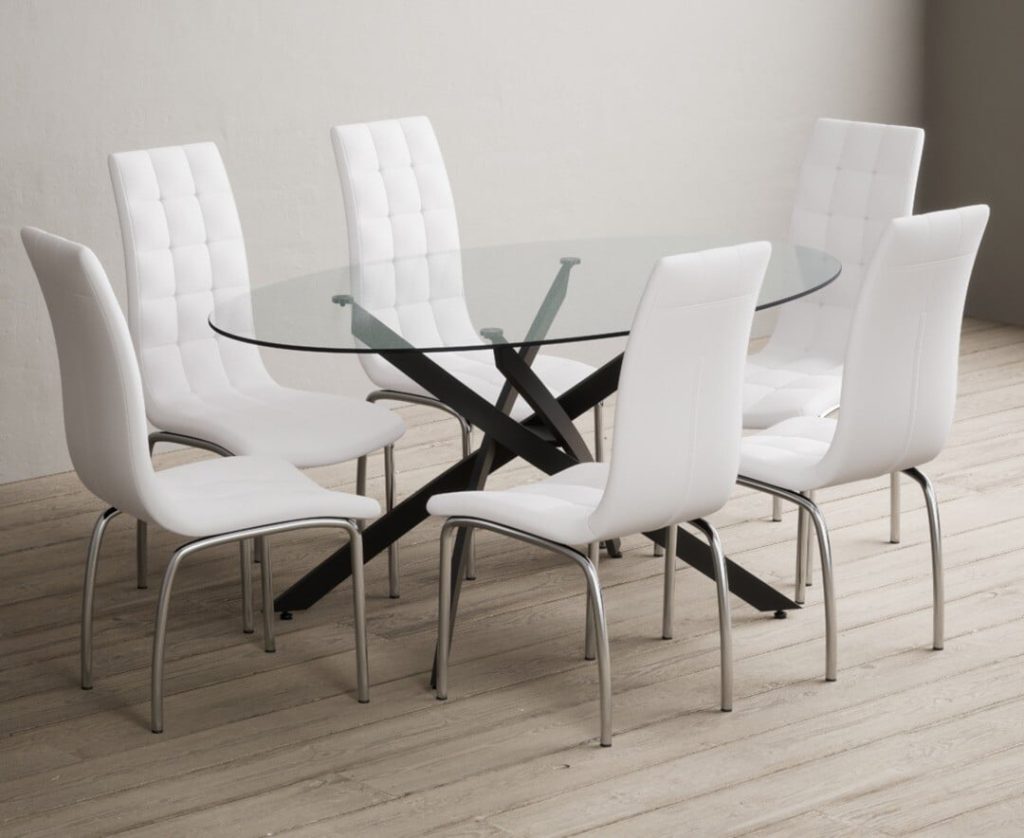 Bernini 165cm Black Leg Oval Glass Dining Table with 8 Black Enzo Chairs